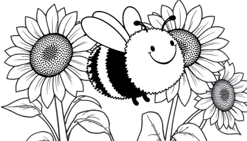 A smiling bee surrounded by sunflowers, a delightful color panel for kids to paint.