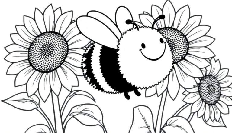 A smiling bee surrounded by sunflowers, a delightful color panel for kids to paint.