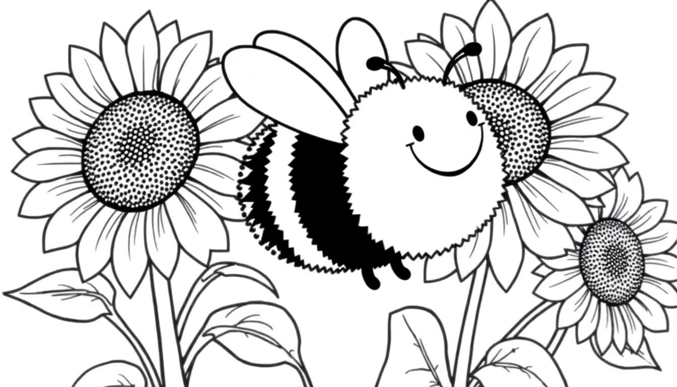 A smiling bee surrounded by sunflowers, a delightful color panel for kids to paint.