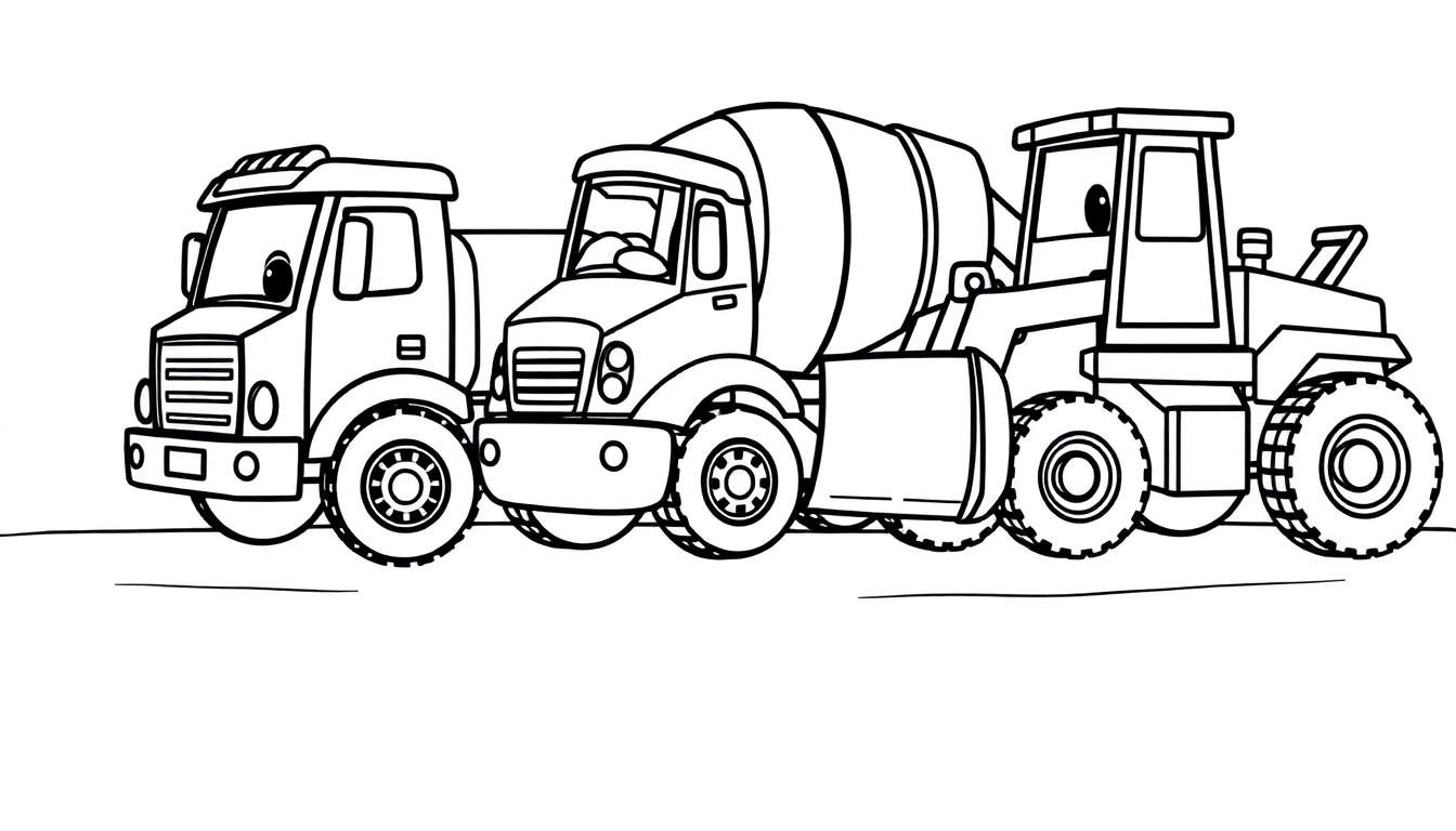 Three cartoon construction vehicles, a dump truck, a cement mixer, and a bulldozer, lined up and ready for action.