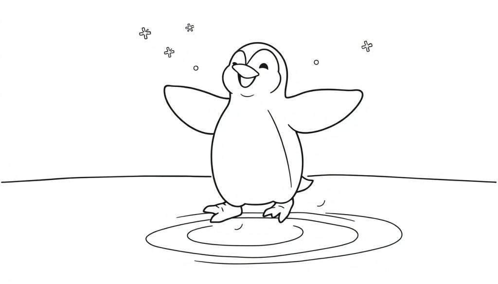 A happy cartoon penguin in a black and white color panel, with wings spread wide, standing in water with snowflakes above.