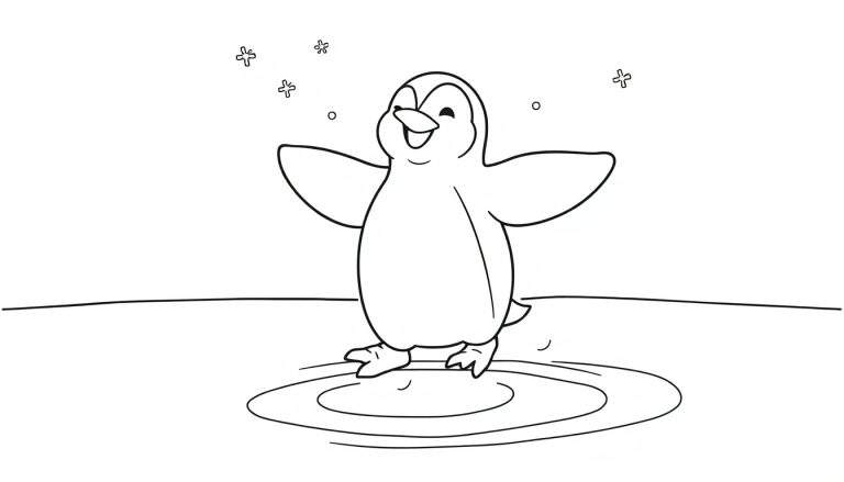 A happy cartoon penguin in a black and white color panel, with wings spread wide, standing in water with snowflakes above.