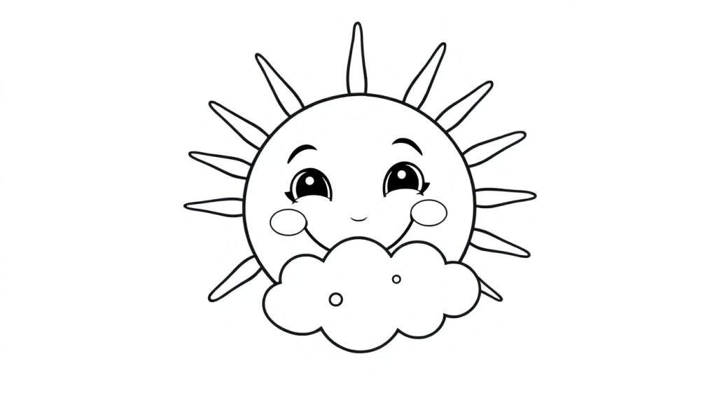 A smiling sun with a cloud, a black and white color panel for kids.