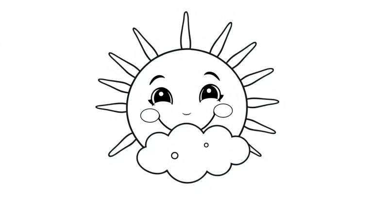 A smiling sun with a cloud, a black and white color panel for kids.