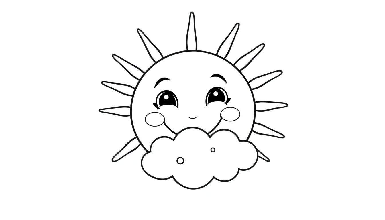 A smiling sun with a cloud, a black and white color panel for kids.
