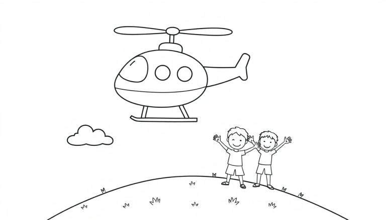 A black and white coloring page color panel of a cute, round helicopter with three windows flying over a grassy hill where two children are waving.