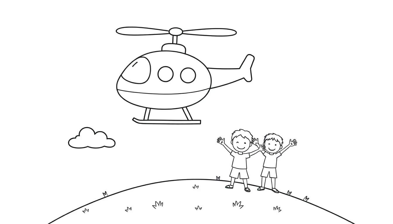 A black and white coloring page color panel of a cute, round helicopter with three windows flying over a grassy hill where two children are waving.