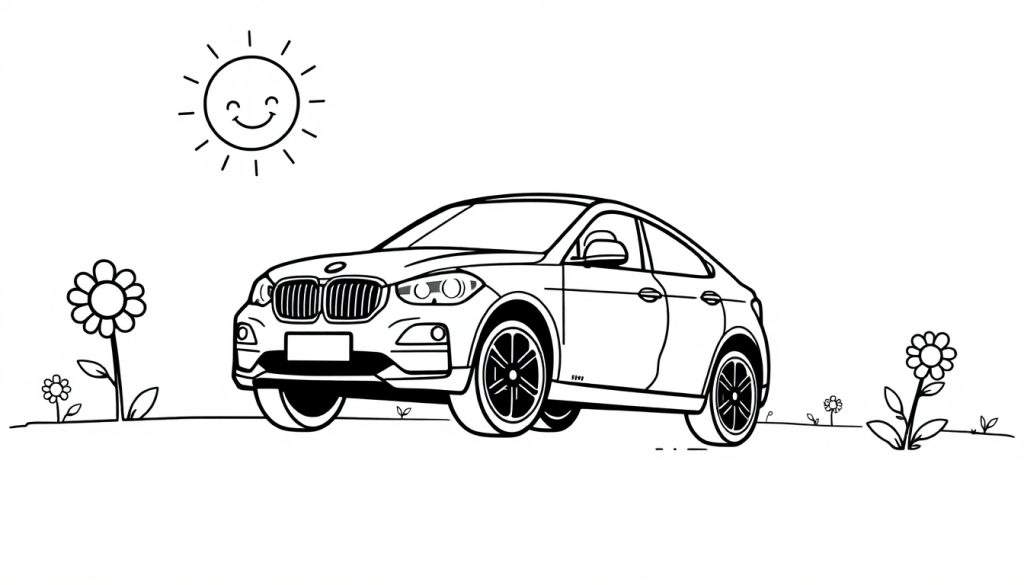 A cute black and white drawing of a sporty car, like a BMW X6, parked in a field of flowers under a smiling sun. This color panel is ready for coloring!