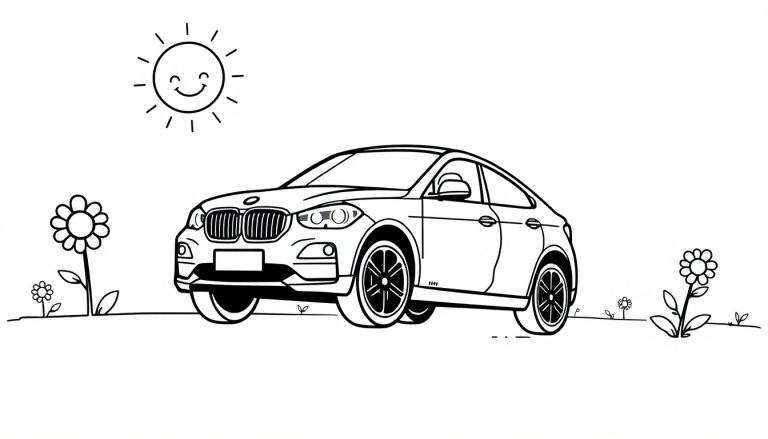 A cute black and white drawing of a sporty car, like a BMW X6, parked in a field of flowers under a smiling sun. This color panel is ready for coloring!