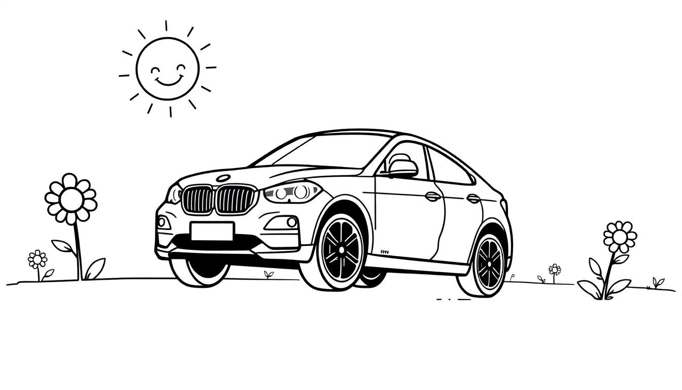 A cute black and white drawing of a sporty car, like a BMW X6, parked in a field of flowers under a smiling sun. This color panel is ready for coloring!
