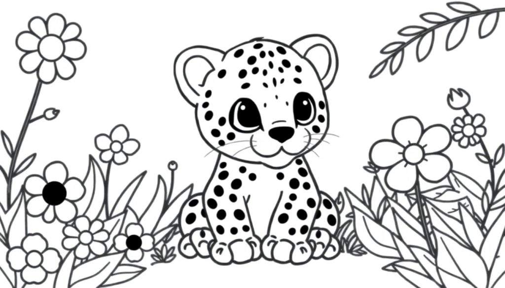 A cute baby jaguar in a flower garden coloring panel.