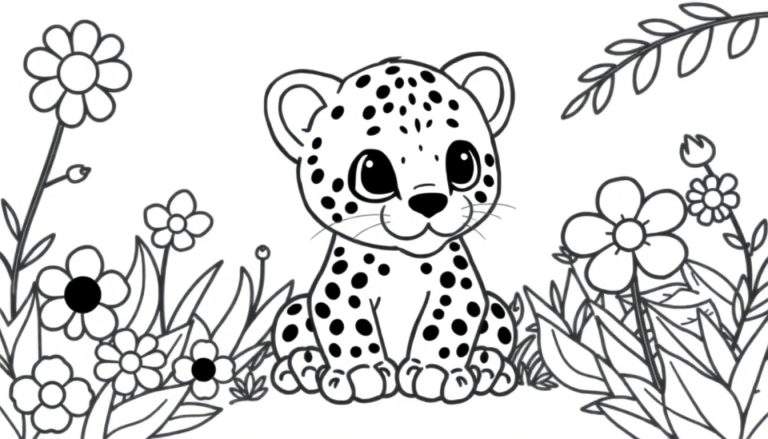 A cute baby jaguar in a flower garden coloring panel.