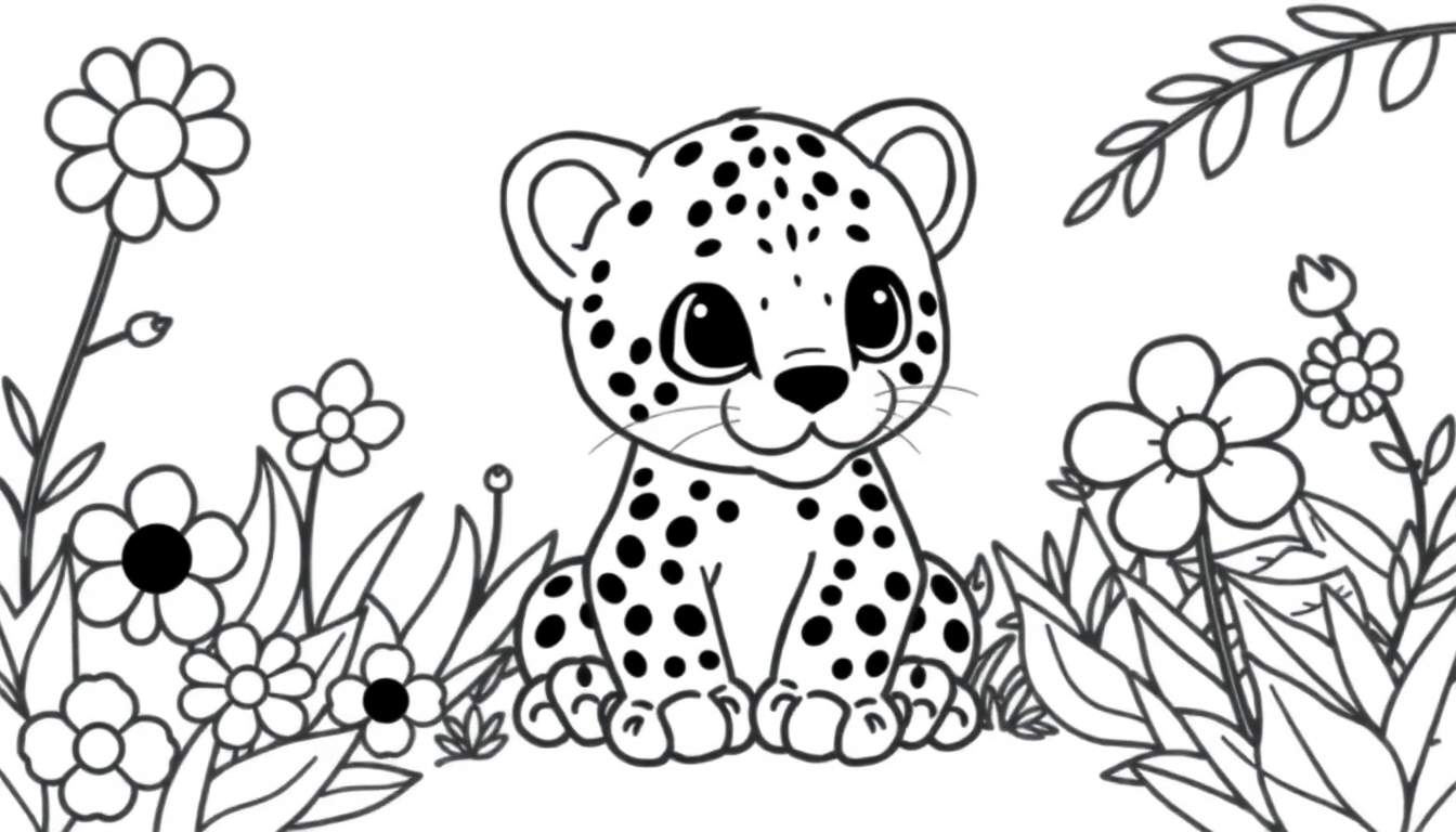 A cute baby jaguar in a flower garden coloring panel.