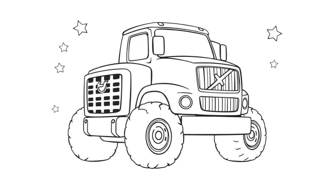 A black and white monster truck color panel with stars.