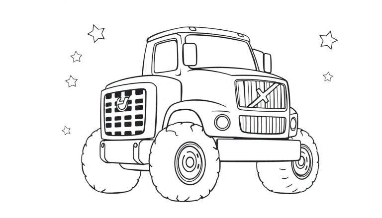 A black and white monster truck color panel with stars.