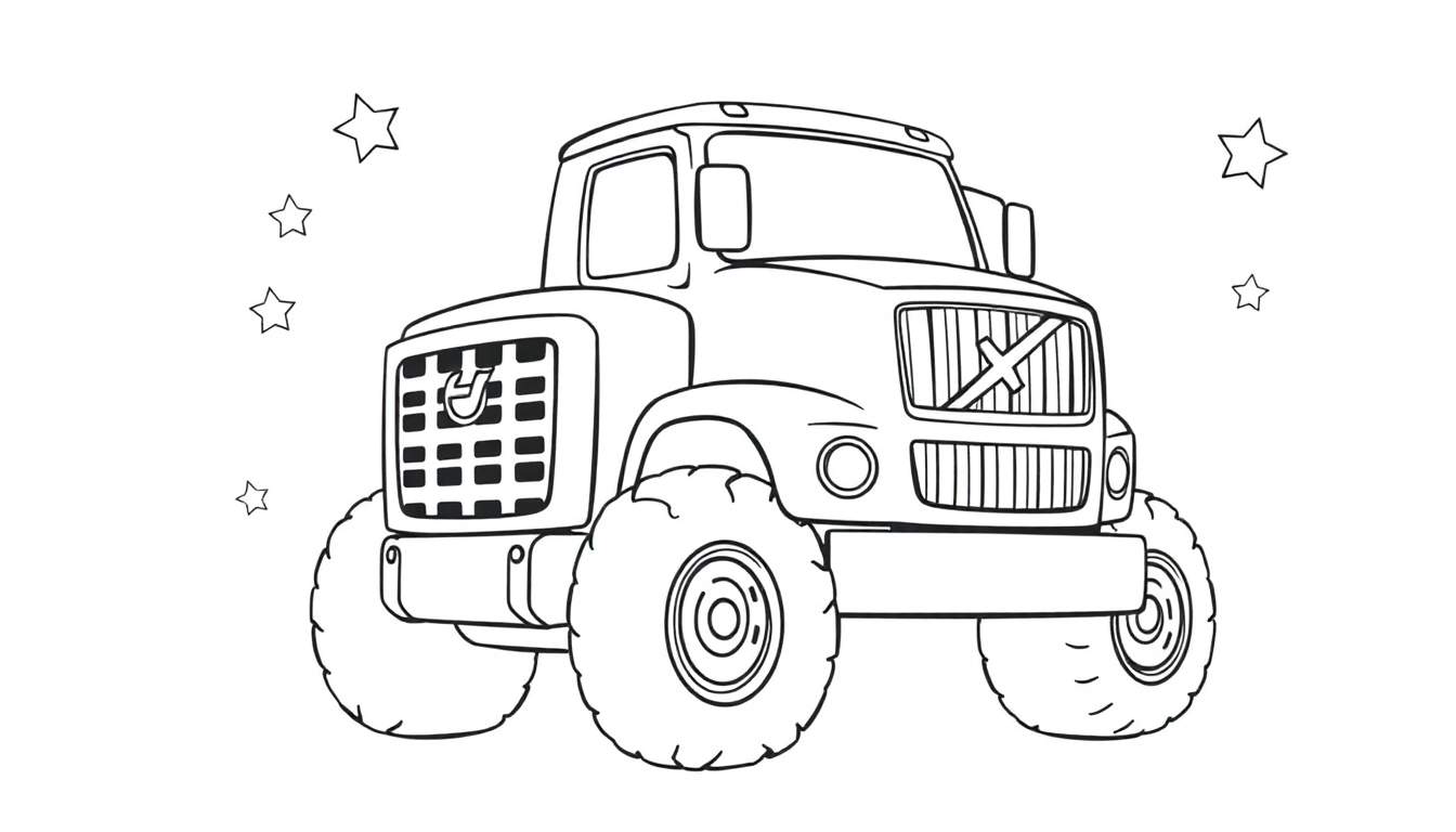 A black and white monster truck color panel with stars.