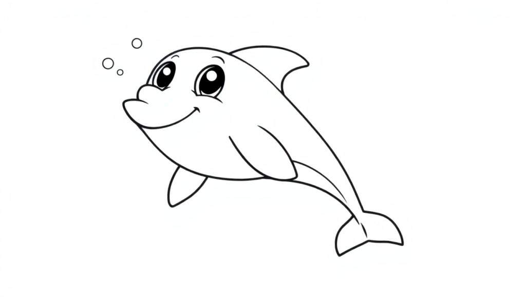 A cute cartoon dolphin outlined in black, ready for a color panel, with a happy expression.