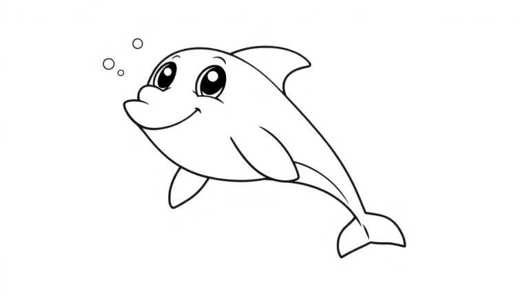 A cute cartoon dolphin outlined in black, ready for a color panel, with a happy expression.