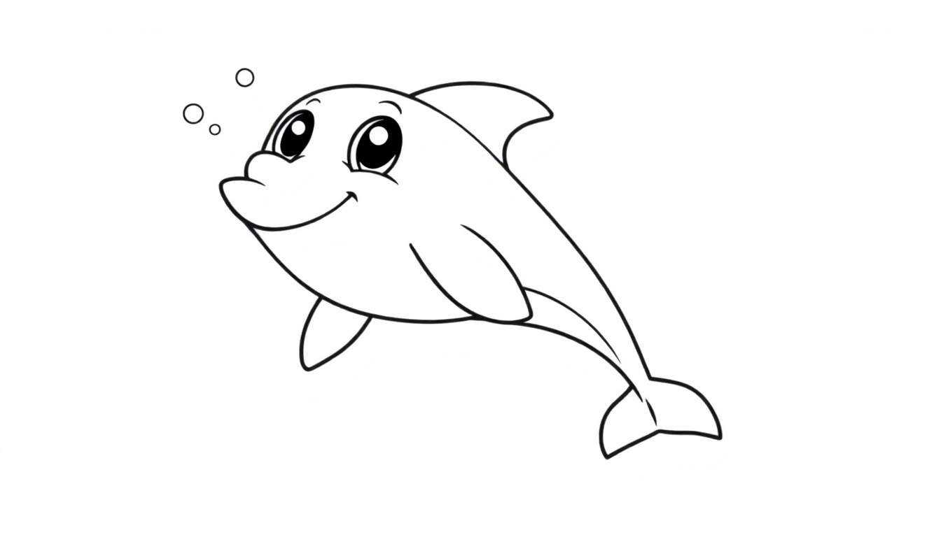 A cute cartoon dolphin outlined in black, ready for a color panel, with a happy expression.