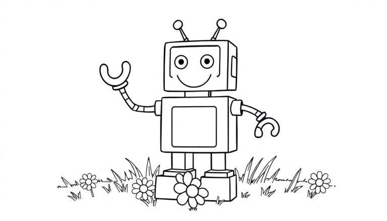 A cheerful black and white line drawing of a robot in a field, perfect for a color panel activity.