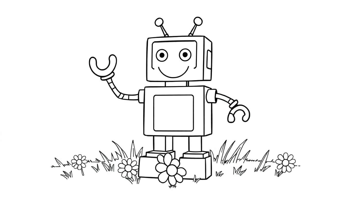 A cheerful black and white line drawing of a robot in a field, perfect for a color panel activity.