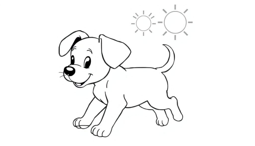 A happy puppy running in the sunshine, with two suns in the corner. Black and white color panel.