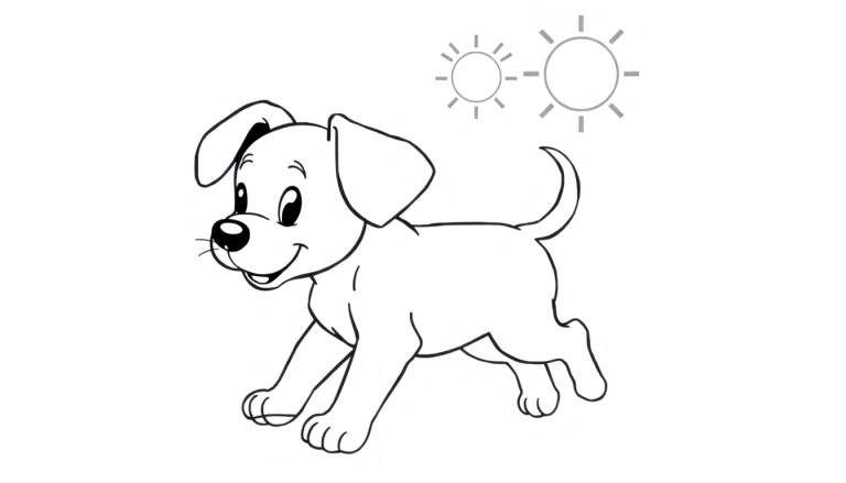 A happy puppy running in the sunshine, with two suns in the corner. Black and white color panel.