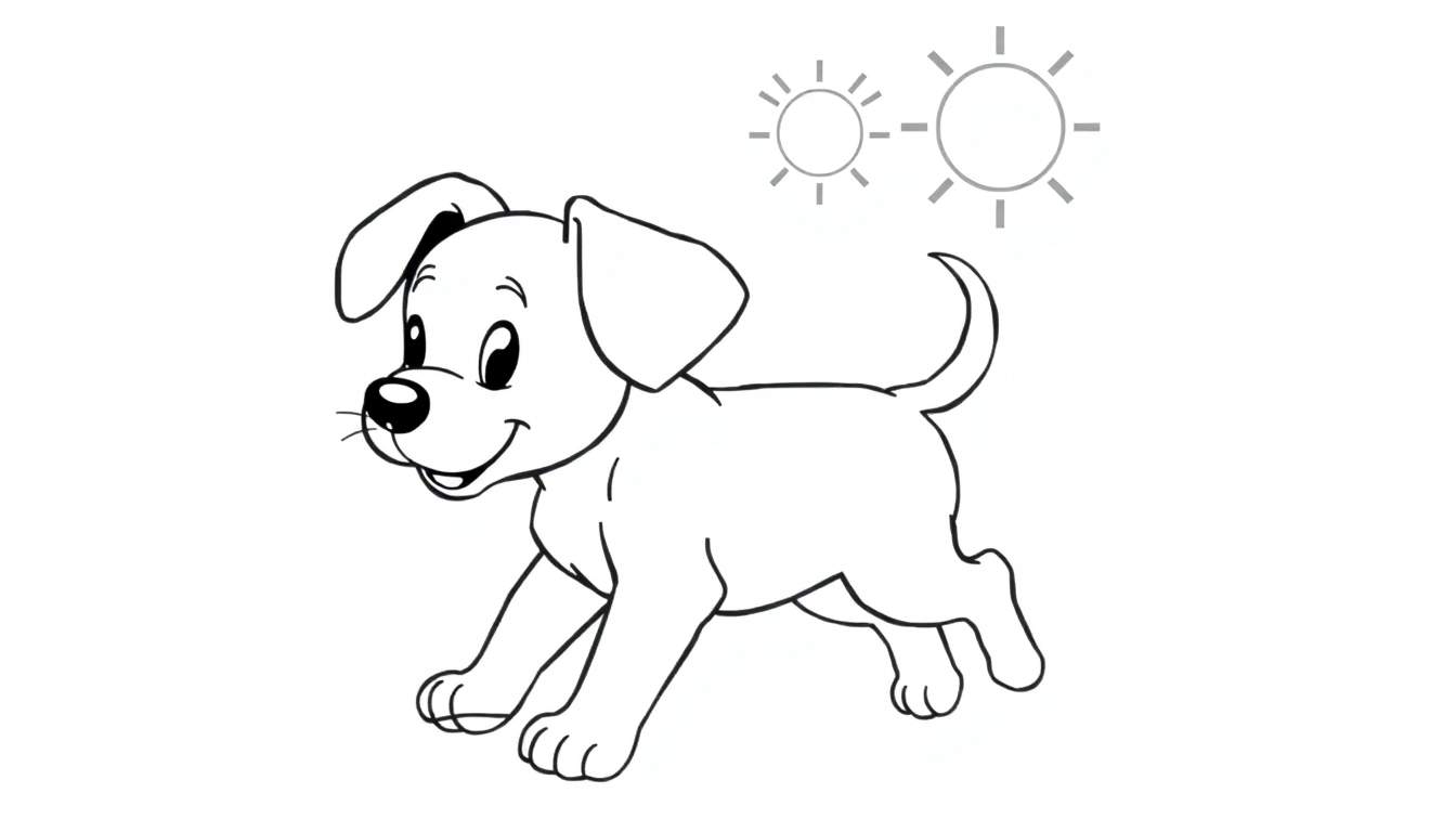 A happy puppy running in the sunshine, with two suns in the corner. Black and white color panel.