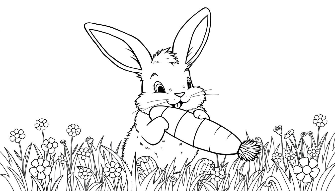 A black and white drawing of a bunny eating a carrot, perfect for a color panel.
