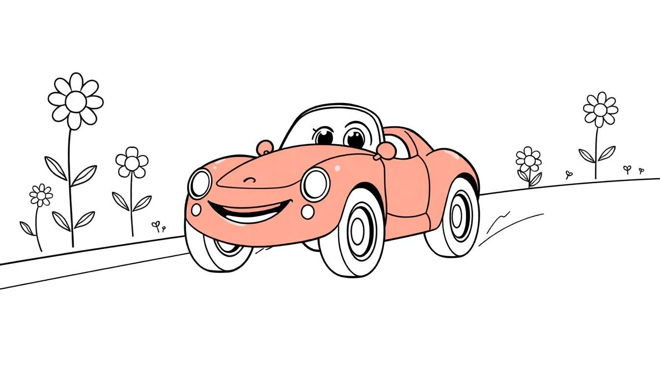 A cute, smiling orange cartoon car with big eyes drives on a gray road surrounded by white flowers with yellow centers.