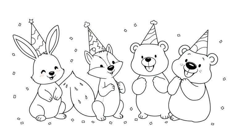 A black and white cartoon color panel showing a rabbit, fox, and two bears wearing party hats and celebrating with confetti.