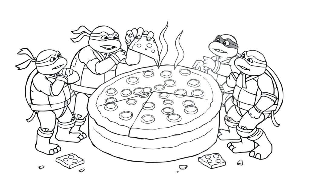 Teenage Mutant Ninja Turtles gather around a giant pizza, a coloring panel scene.