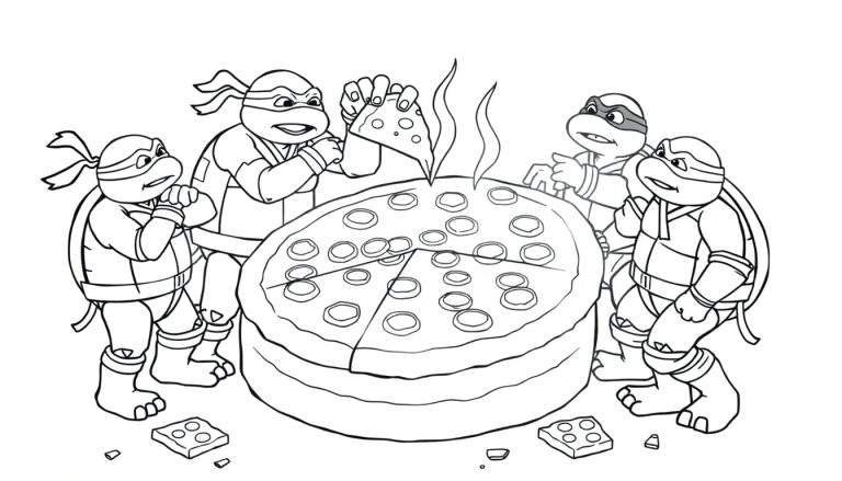 Teenage Mutant Ninja Turtles gather around a giant pizza, a coloring panel scene.