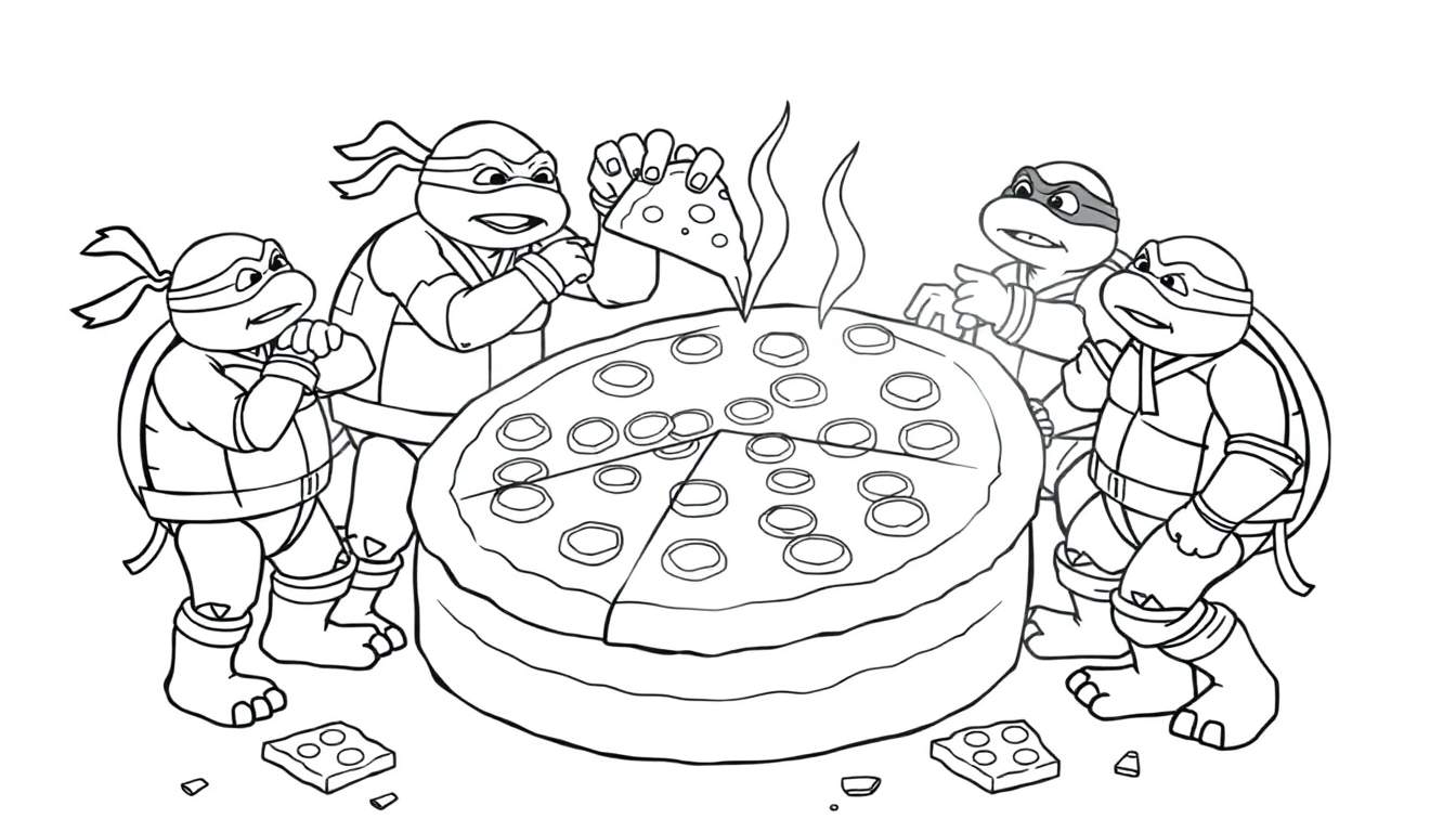 Teenage Mutant Ninja Turtles gather around a giant pizza, a coloring panel scene.
