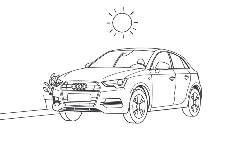 A black and white illustration of a modern car, possibly an Audi, parked on a street with a potted plant and a sun graphic, a perfect color panel for kids.