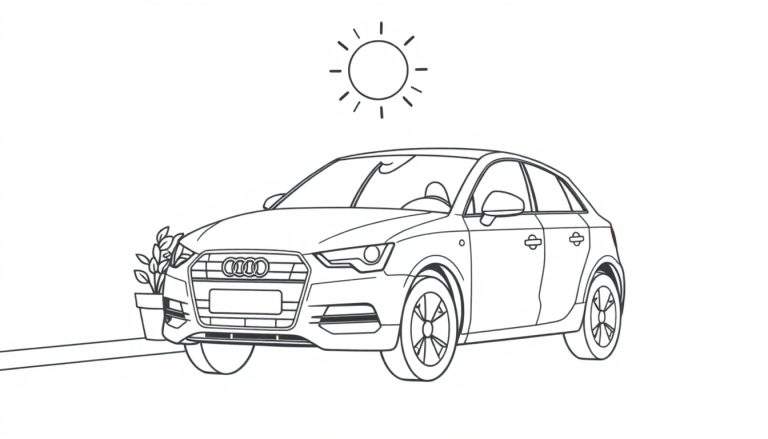 A black and white illustration of a modern car, possibly an Audi, parked on a street with a potted plant and a sun graphic, a perfect color panel for kids.