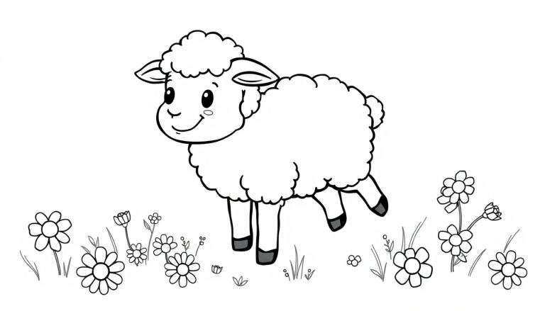 A cute, fluffy lamb with black hooves smiling in a field of flowers, ready for coloring. This is a black and white color panel.