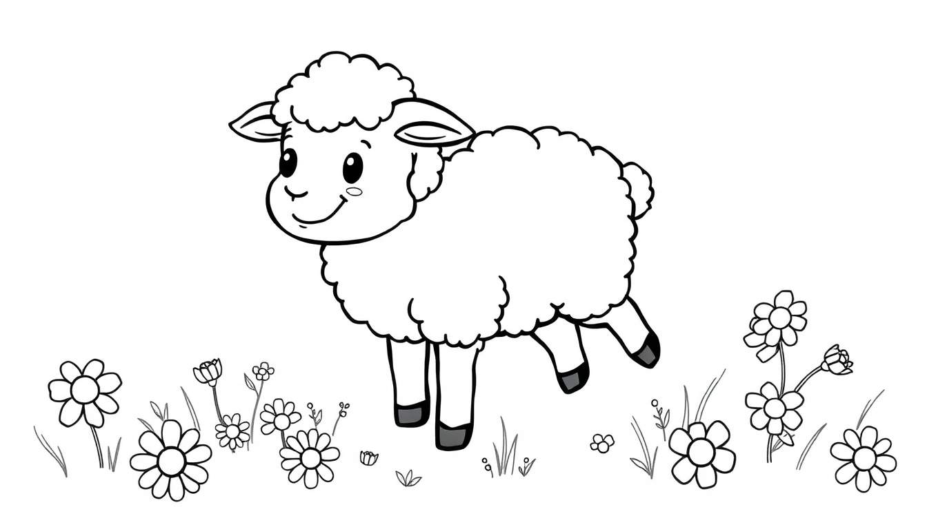 A cute, fluffy lamb with black hooves smiling in a field of flowers, ready for coloring. This is a black and white color panel.