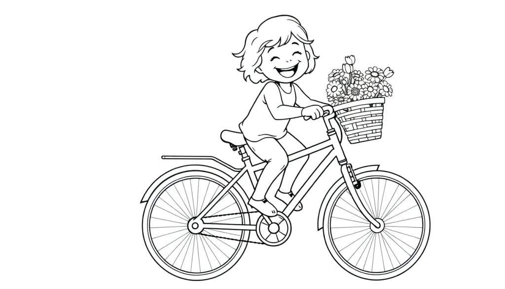 A cheerful girl on a bicycle, a delightful color panel with flowers in the basket.