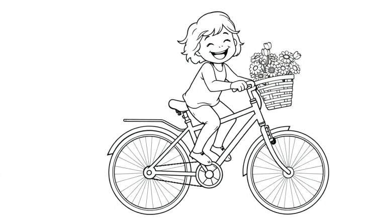 A cheerful girl on a bicycle, a delightful color panel with flowers in the basket.