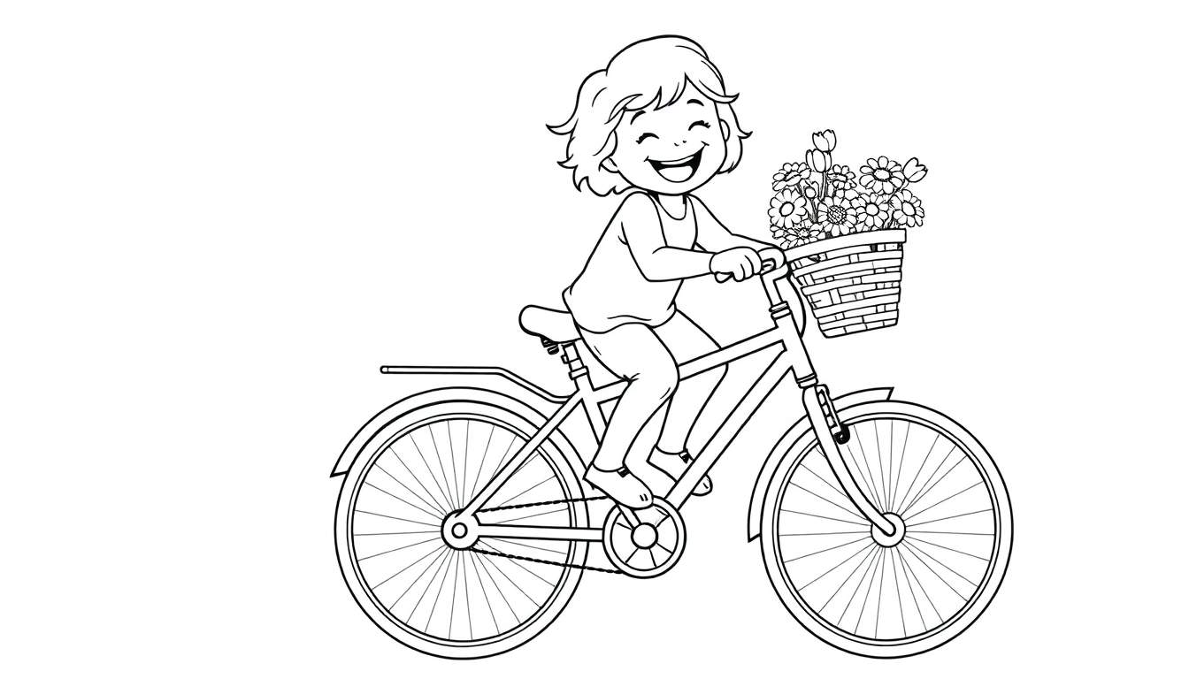 A cheerful girl on a bicycle, a delightful color panel with flowers in the basket.