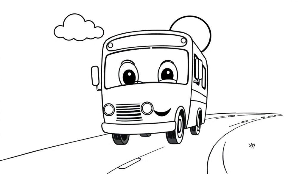 A smiling black and white bus on a road, with a sun and cloud, in a color panel.