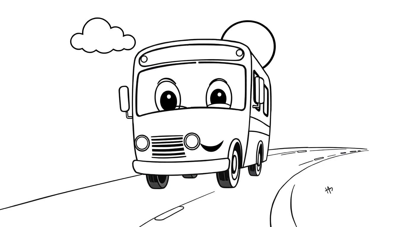 A smiling black and white bus on a road, with a sun and cloud, in a color panel.