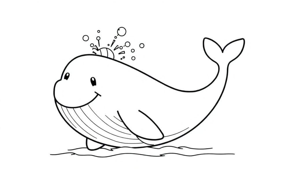 A cute black and white cartoon whale with a heart-shaped tail splashing water, ready for a color panel activity.