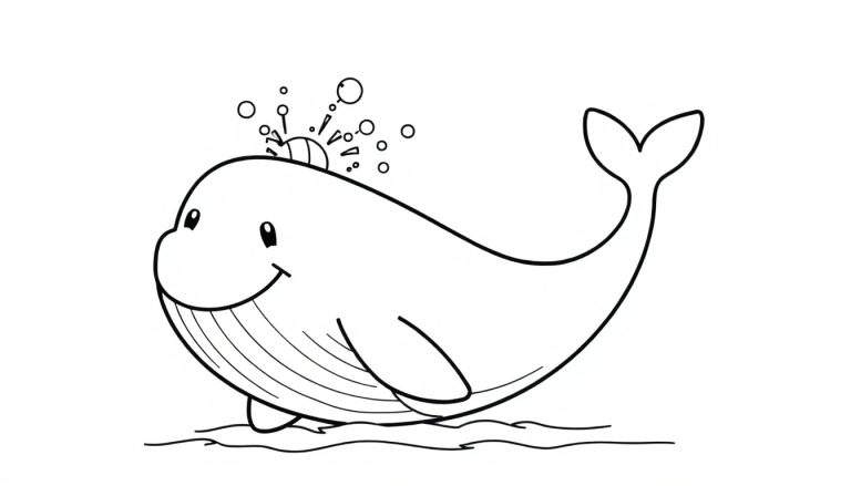 A cute black and white cartoon whale with a heart-shaped tail splashing water, ready for a color panel activity.