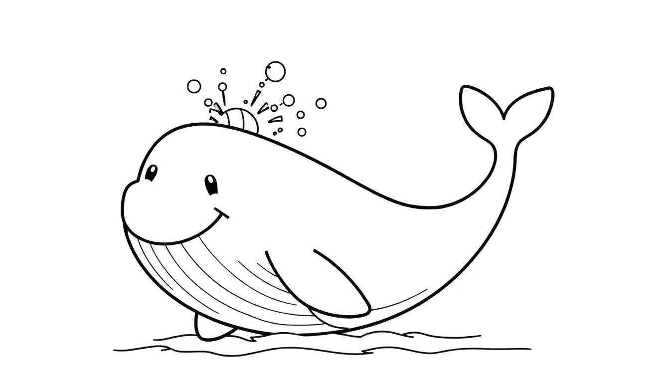 A cute black and white cartoon whale with a heart-shaped tail splashing water, ready for a color panel activity.