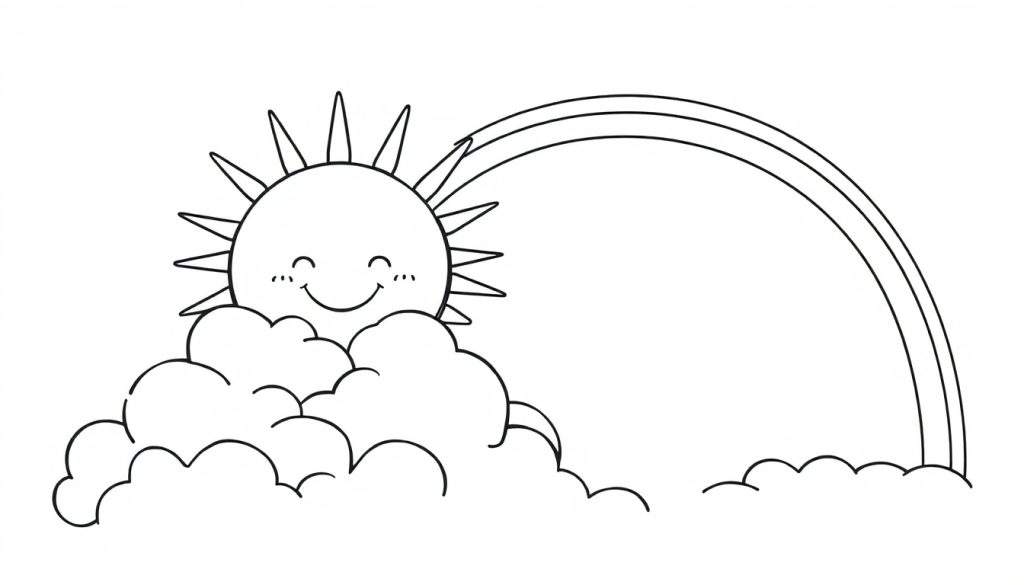 A black and white coloring page with a happy sun and rainbow, a fun color panel.