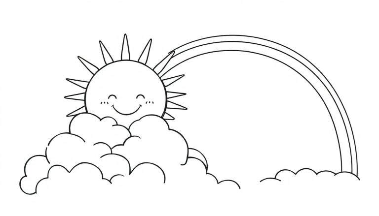 A black and white coloring page with a happy sun and rainbow, a fun color panel.