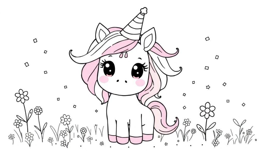 A cute unicorn with a party hat, ready for coloring. This color panel features a happy unicorn in a field of flowers.