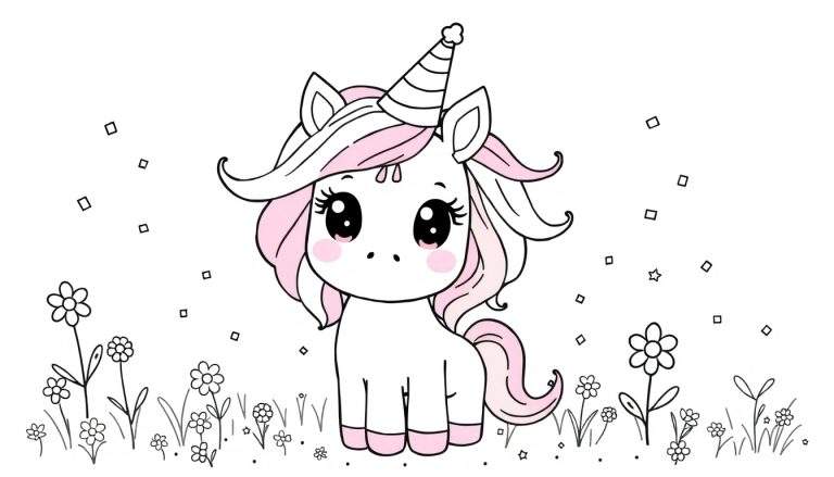 A cute unicorn with a party hat, ready for coloring. This color panel features a happy unicorn in a field of flowers.